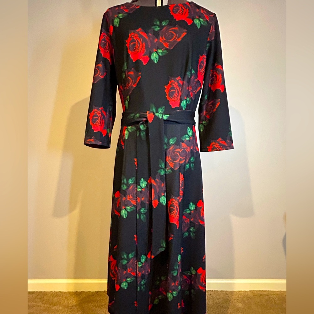 Black and red floral faux wrap dress. Great for the holidays!